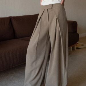 レディース ハイウエスト プリーツ ワイドレッグ パンツ