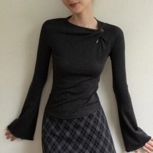 レディース グレー ノットディテール ロングスリーブ トップス