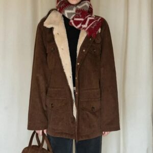 女性用カジュアルブラウンコーデュロイコート、フリースライニング付き