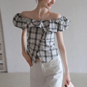 オフショルダー チェック柄 ラッフル トップス
